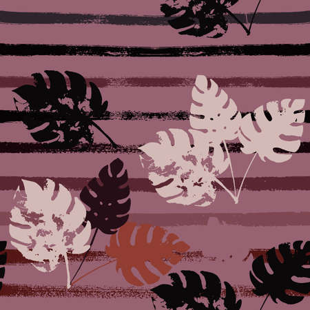Sailor Stripes Vector Seamless Pattern, Brown Green Khaki Exotic Floral Print. Hand Painted Jungle Leaves Summer Fabric. Male Retro Background. Exotic Floral Seamless Textileのイラスト素材