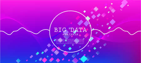 Falling Particles Distressed Purple Vector. 3D Flow Shapes Poster. Colorful Geometric Background. Pink Blue Purple Futuristic Gradient Overlay. Big Data Neon Wallpaper. Data Analytics Cool Banner.のイラスト素材