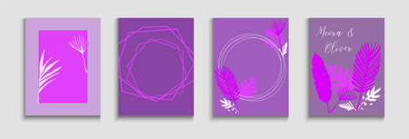 Abstract Asian Vector Cards Set. Soft, Elegant Magazine Layout. Geometric Frame Texture. Tie-Dye, Tropical Leaves Banners Painted Forms Lines in Oriental Style. Hand Drawn Minimal Background.のイラスト素材