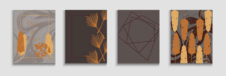 Abstract Hipster Vector Flyers Set. Simple Olive Leaves Invitation Design. Geometric Frame Pattern. Tie-Dye, Tropical Leaves Cards. Oriental Style Invitation. Hand Drawn Vintage Background.のイラスト素材