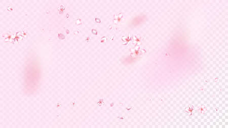 Nice Sakura Blossom Isolated Vector. Beautiful Showering 3d Petals Wedding Border. Japanese Bokeh Flowers Illustration. Valentine, Mother's Day Realistic Nice Sakura Blossom Isolated on Roseのイラスト素材
