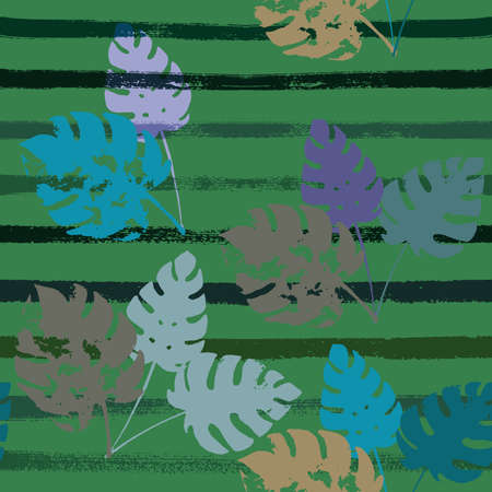 Sailor Stripes Vector Seamless Pattern, Brown Green Khaki Exotic Floral Print. Botanical Jungle Leaves Summer Fabric. Male Eclectic Background. Exotic Tropical Seamless Fabricのイラスト素材