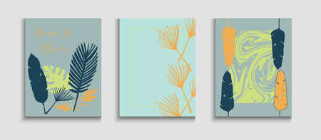 Abstract Vintage Vector Covers Set. Hand Drawn Elegant Background. Simple Banana Leaves Invitation Template. Geometric Frame Texture. Oriental Style Invitation. Tie-Dye, Tropical Leaves Flyers.のイラスト素材