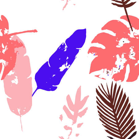 Palm, Banana Leaves Vector Seamless Pattern, Blue Pink Purple Indigo Floral Textile.のイラスト素材