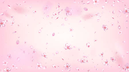 Nice Sakura Blossom Isolated Vector. Spring Blowing 3d Petals Wedding Frame. Japanese Blooming Flowers Wallpaper. Valentine, Mother's Day Feminine Nice Sakura Blossom Isolated on Roseのイラスト素材