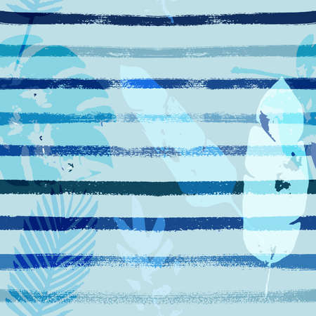 Sailor Stripes Vector Seamless Pattern, Blue Pink Purple Indigo Floral Textile. Cool Chick Jungle Leaves Winter Fabric. Childrens Hipster Background. Tropical Fabric Seamless Printのイラスト素材