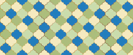 Ramadan Kareem Islamic Illustration. Traditional Ramadan Mosque Golden Tile. Moroccan Seamless Texture Iranian Mosque Window Motif. Eid Mubarak Muslim Decoration. Moroccan Seamless Mosaic Design.のイラスト素材