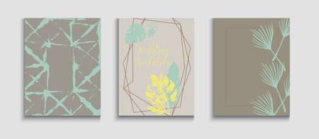 Abstract Vintage Vector Posters Set. Geometric Frame Texture. Japanese Style Invitation. Tie-Dye, Tropical Leaves Cards. Hand Drawn Elegant Background. Minimal Monstera Leaves Magazine Template.のイラスト素材