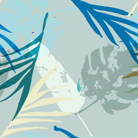 Palm, Banana Leaves Vector Seamless Pattern, Blue, White, Yellow Exotic Floral Print. Botanical Jungle Leaves Summer Fabric. Female Elegant Background. Tropical Fabric Seamless Printのイラスト素材
