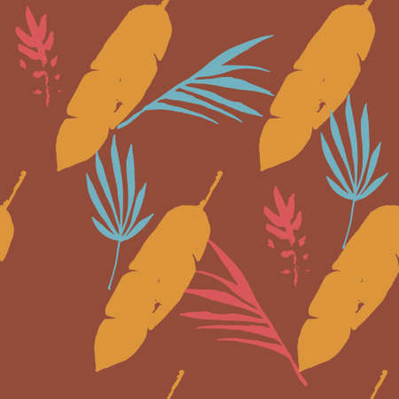 Modern Tropical Vector Seamless Pattern. Banana Leaves Feather Dandelion Monstera Tropical Seamless Pattern. Elegant Male Shirt Female Dress Texture. Nice Summer Textile. Painted Floral Background.のイラスト素材