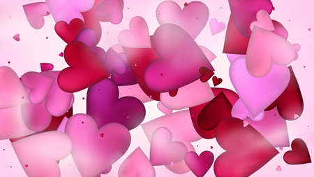 Flying Hearts Vector Confetti. Valentines Day Wedding Pattern. Beautiful Pink Design Valentines Day Decoration with Falling Down Hearts Confetti. Elegant Gift, Birthday Card, Poster Backgroundのイラスト素材
