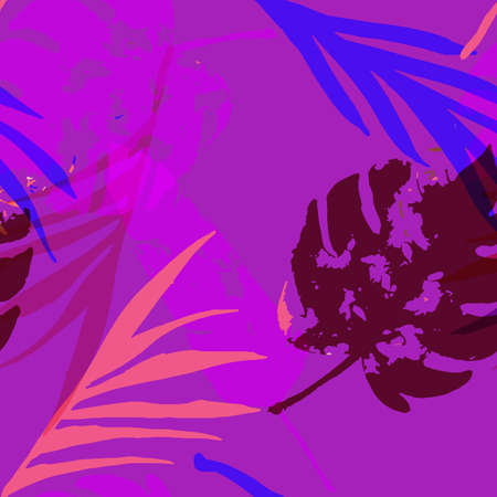 Palm, Banana Leaves Vector Seamless Pattern, Blue Pink Purple Indigo Floral Textile. Adventure Jungle Leaves Summer Fabric. Female Vintage Background. Tropic Exotic Seamless Textileのイラスト素材