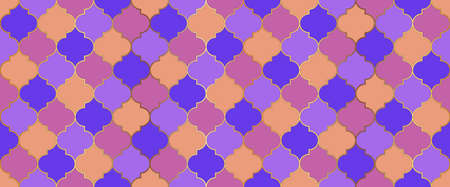 Moroccan Seamless Ornament Ramadan Kareem Islam Background. Seamless Moroccan Mosaic Pattern. Eid Mubarak Muslim Decoration. Iranian Mosque Window Motif. Ramadan Traditional Golden Mosque Grid.のイラスト素材