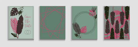 Abstract Trendy Vector Banners Set. Noble Olive Leaves Invitation Design. Oriental Style Invitation. Hand Drawn Asian Background. Geometric Frame Pattern. Tie-Dye, Tropical Leaves Cards.のイラスト素材