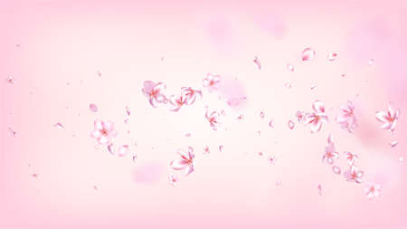 Nice Sakura Blossom Isolated Vector. Realistic Falling 3d Petals Wedding Pattern. Japanese Bokeh Flowers Illustration. Valentine, Mother's Day Beautiful Nice Sakura Blossom Isolated on Roseのイラスト素材