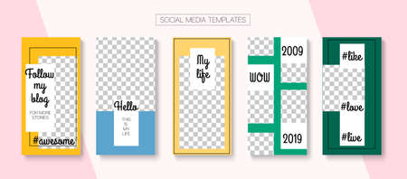 Social Stories Cool Vector Layout. Tech Sale, New Arrivals Story Layout. Blogger Hipster Design, Social Media Kit Template. Online Shop Elegant Graphic Apps. Social Media Stories VIP Layoutのイラスト素材