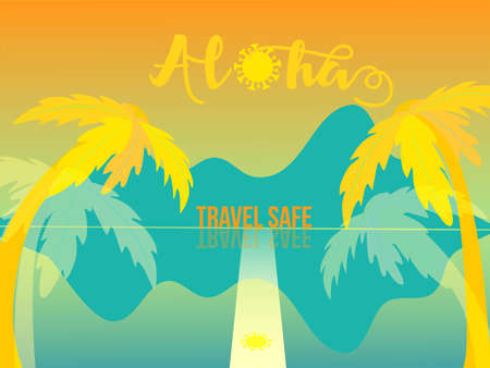 Aloha Travel Safe Tropic Banner Sunset or Sunrise on Tropical Island. Travel After Covid Background. Cute Palm Trees, Sea Open Borders after nCov Banner. Tourism Vintage Design. Aloha Covid Souvenir.のイラスト素材