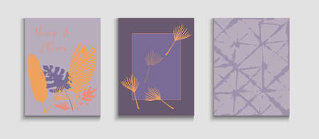 Abstract Hipster Vector Posters Set. Japanese Style Invitation. Minimal Monstera Leaves Magazine Design. Tie-Dye, Tropical Leaves Flyers. Hand Drawn Asian Background. Geometric Border Pattern.のイラスト素材