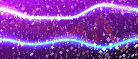 Lightning Tech Vector Equalizer. Computing Grunge Minimal Template. Purple Pink Blue Background. Fractal Flow Code Matrix Falling Binary Code. Digital Futuristic Slide. Lightning Tech Bannerのイラスト素材