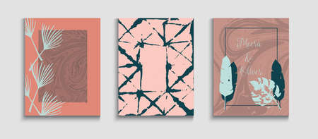 Abstract Vintage Vector Posters Set. Tie-Dye, Tropical Leaves Covers. Geometric Border Texture. Cool Olive Leaves Magazine Design. Hand Drawn Asian Background. Oriental Style Invitation.のイラスト素材