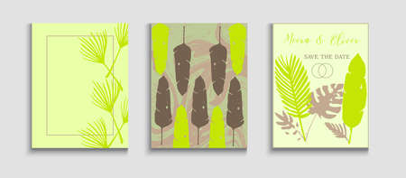 Abstract Vintage Vector Cards Set. Japanese Style Invitation. Geometric Frame Texture. Tie-Dye, Tropical Leaves Posters. Hand Drawn Hipster Background. Noble Olive Leaves Magazine Design.のイラスト素材