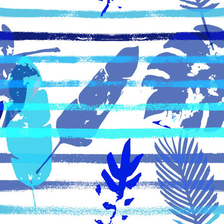 Sailor Stripes Vector Seamless Pattern, Blue Pink Purple Indigo Floral Textile. Trendy Boho Jungle Leaves Winter Fabric. Male Retro Background. Exotic Floral Seamless Designのイラスト素材