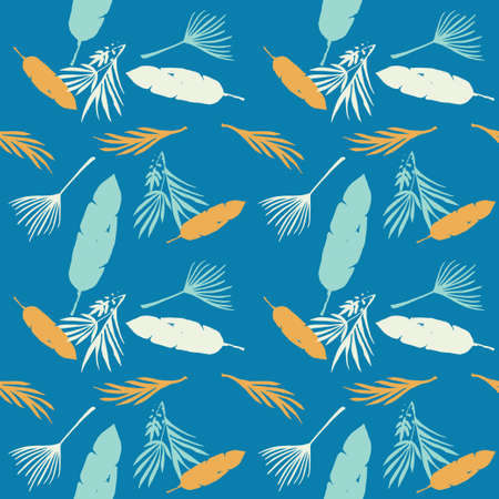Modern Tropical Vector Seamless Pattern. Painted Floral Background. Cool Summer Fabrics. Monstera Dandelion Feather Banana Leaves Tropical Seamless Pattern. Elegant Male Shirt Female Dress Texture.のイラスト素材