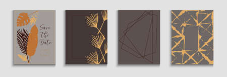 Abstract Elegant Vector Posters Set. Noble Olive Leaves Magazine Layout. Geometric Frame Pattern. Japanese Style Invitation. Hand Drawn Vintage Background. Tie-Dye, Tropical Leaves Cards.のイラスト素材