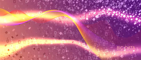 Wireless Tech Vector Equalizer. Matrix Falling Binary Code. Cyber Futuristic Slide. Fractal Fluid Glow Technology Colorful Music Layout. Blue Pink Purple Background. Wireless Tech Bannerのイラスト素材
