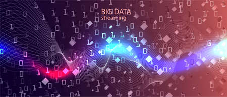 Big Data Stream Vector Presentation. Cyber Equalizer Slide. Blue Purple Pink Background. Matrix Flying Binary Code. Fractal Liquid Glow Geometric Colorful Modern Design. Big Data Stream Bannerのイラスト素材