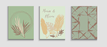 Abstract Hipster Vector Flyers Set. Simple Banana Leaves Magazine Design. Tie-Dye, Tropical Leaves Banners. Geometric Frame Texture. Japanese Style Invitation. Hand Drawn Asian Background.のイラスト素材
