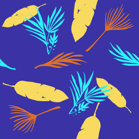 Funky Tropical Vector Seamless Pattern. Cool Summer Textile. Painted Floral Background. Elegant Male Shirt Female Dress Texture. Banana Leaves Feather Monstera Dandelion Tropical Seamless Pattern.のイラスト素材