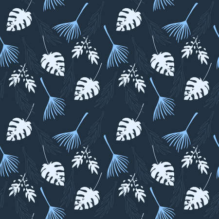 Trendy Tropical Vector Seamless Pattern. Fine Summer Textile. Elegant Male Shirt Female Dress Texture. Doodle Floral Background. Monstera Banana Leaves Dandelion Feather Tropical Seamless Pattern.のイラスト素材
