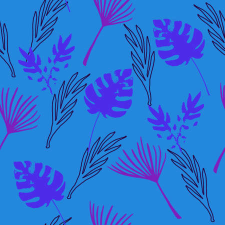 Hipster Tropical Vector Seamless Pattern. Cool Summer Fashion. Beautiful Male Shirt Female Dress Texture. Painted Floral Background. Monstera Banana Leaves Dandelion Feather Tropical Seamless Pattern.のイラスト素材