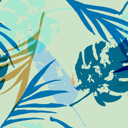 Palm, Banana Leaves Vector Seamless Pattern, Blue, White, Yellow Exotic Floral Print. Brushed Jungle Leaves Winter Fabric. Female Hipster Background. Exotic Tropical Seamless Fabricのイラスト素材