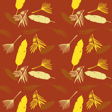 Funky Tropical Vector Seamless Pattern. Monstera Feather Dandelion Banana Leaves Tropical Seamless Pattern. Elegant Male Shirt Female Dress Texture. Cool Summer Fabrics. Painted Floral Background.のイラスト素材