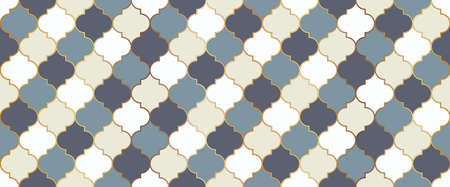 Seamless Moroccan Mosaic Pattern. Eid Mubarak Islam Decoration. Ramadan Traditional Golden Mosque Shape. Seamless Moroccan Ornament Arabic Mosque Window Motif. Ramadan Kareem Muslim Illustration.のイラスト素材