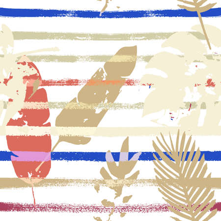 Sailor Stripes Vector Seamless Pattern, Blue, White, Yellow Exotic Floral Print. Watercolor Jungle Leaves Winter Fabric. Male Retro Background. Tropic Exotic Seamless Textileのイラスト素材