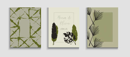 Abstract Asian Vector Flyers Set. Noble Banana Leaves Magazine Template. Tie-Dye, Tropical Leaves Posters. Geometric Border Pattern. Oriental Style Invitation. Hand Drawn Hipster Background.のイラスト素材