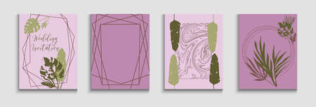 Abstract Asian Vector Flyers Set. Tie-Dye, Tropical Leaves Cards. Minimal Banana Leaves Invitation Template. Oriental Style Invitation. Geometric Frame Pattern. Hand Drawn Retro Background.のイラスト素材