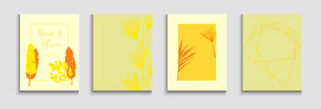 Abstract Asian Vector Covers Set. Painted Shapes Forms in Oriental Style. Hand Drawn Minimal Background. Soft, Elegant Magazine Template. Tie-Dye, Tropical Leaves Flyers Geometric Frame Texture.のイラスト素材