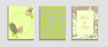 Abstract Vintage Vector Cards Set. Geometric Frame Texture. Minimal Olive Leaves Magazine Layout. Tie-Dye, Tropical Leaves Banners. Oriental Style Invitation. Hand Drawn Elegant Background.のイラスト素材