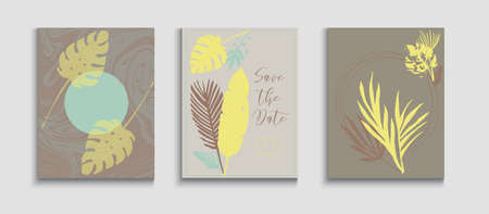 Abstract Elegant Vector Banners Set. Hand Drawn Trendy Background. Tie-Dye, Tropical Leaves Cards. Japanese Style Invitation. Geometric Frame Pattern. Simple Monstera Leaves Magazine Layout.のイラスト素材