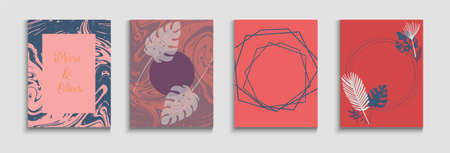 Abstract Asian Vector Covers Set. Hand Drawn Minimal Background. Tie-Dye, Tropical Leaves Posters Geometric Border Texture. Soft, Elegant Invitation Design. Painted Shapes Lines in Oriental Style.のイラスト素材