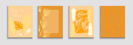 Abstract Elegant Vector Posters Set. Hand Drawn Retro Background. Tie-Dye, Tropical Leaves Flyers. Japanese Style Invitation. Simple Banana Leaves Invitation Template. Geometric Border Texture.のイラスト素材