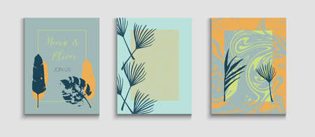 Abstract Trendy Vector Banners Set. Oriental Style Invitation. Geometric Frame Texture. Tie-Dye, Tropical Leaves Cards. Minimal Banana Leaves Invitation Layout. Hand Drawn Vintage Background.のイラスト素材