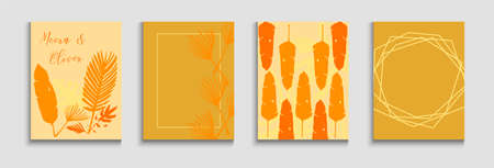 Abstract Asian Vector Banners Set. Tie-Dye, Tropical Leaves Cards Painted Shapes Lines in Oriental Style. Soft, Elegant Invitation Design. Geometric Border Texture. Hand Drawn Minimal Background.のイラスト素材