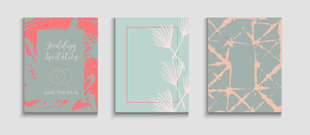 Abstract Elegant Vector Posters Set. Japanese Style Invitation. Tie-Dye, Tropical Leaves Covers. Geometric Border Texture. Hand Drawn Vintage Background. Simple Monstera Leaves Invitation Layout.のイラスト素材