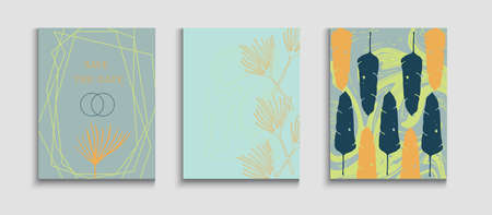 Abstract Asian Vector Banners Set. Tie-Dye, Tropical Leaves Covers. Hand Drawn Hipster Background. Geometric Frame Texture. Japanese Style Invitation. Simple Olive Leaves Magazine Template.のイラスト素材