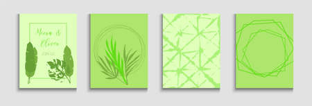 Abstract Asian Vector Banners Set. Geometric Frame Pattern. Tie-Dye, Tropical Leaves Posters Hand Drawn Minimal Background. Soft, Elegant Invitation Design. Painted Lines Forms in Oriental Style.のイラスト素材